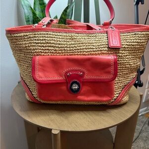 Coach Coral and Straw Tote Bag